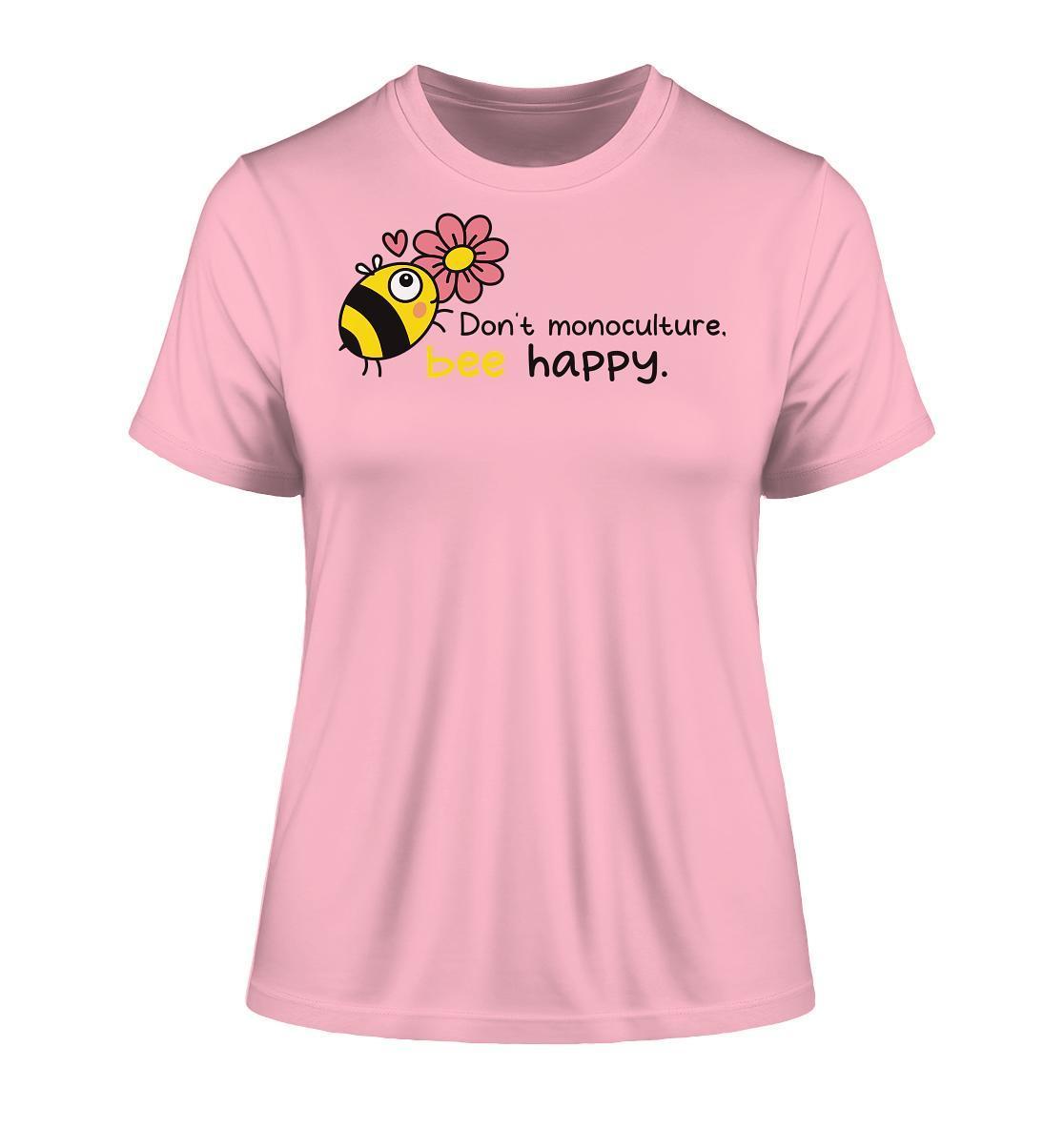 Vegan und Bio Ladies Shirt: Save the bees, mit Cartoon-Biene und Blume, aus 100 % Bio-Baumwolle, symbolisiert Insektenschutz und nachhaltige Landwirtschaft.