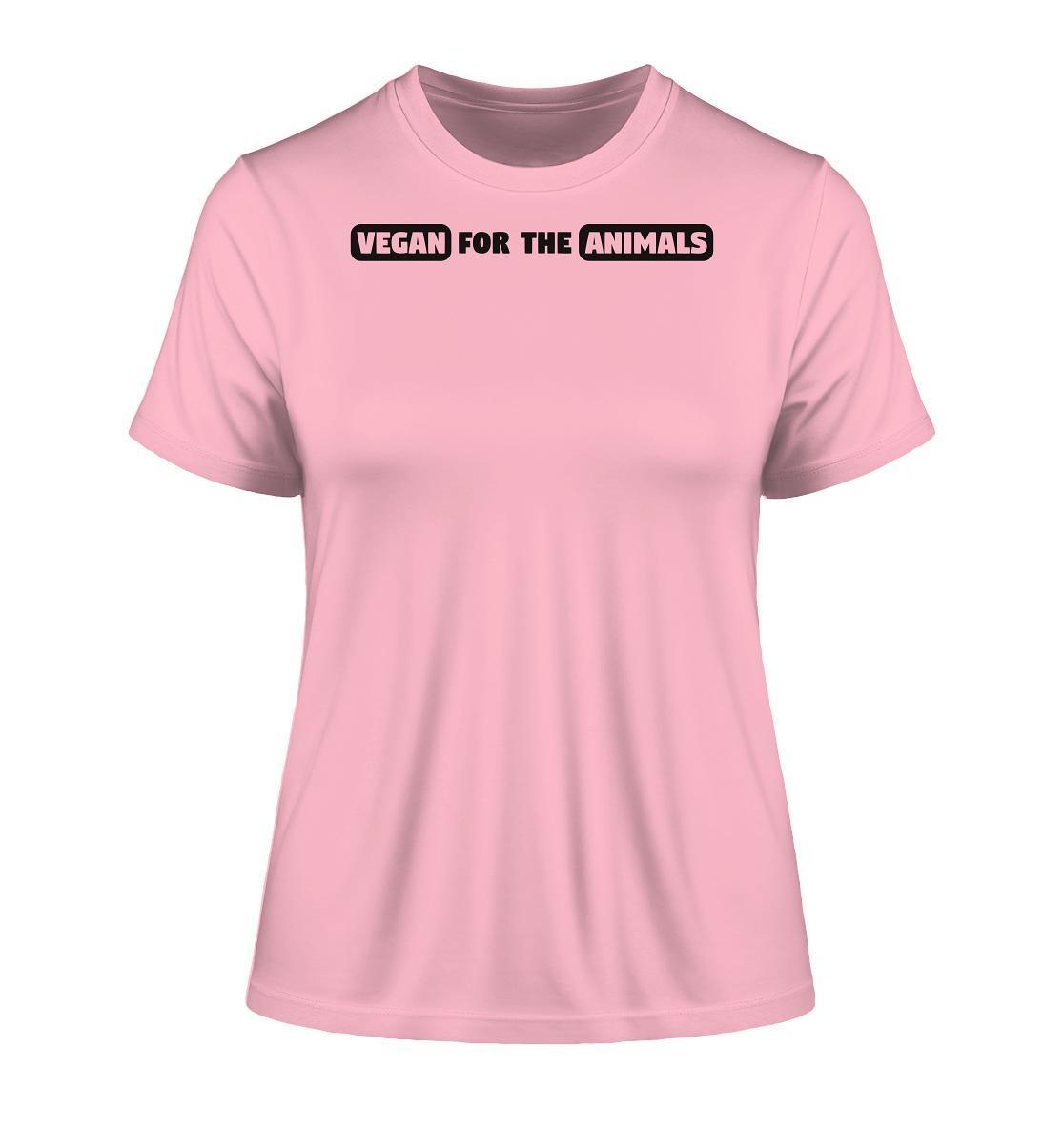 Vegan und Bio Ladies Shirt: VEGAN FOR THE ANIMALS Edition 2, aus Bio-Baumwolle, mit schwarzem Text, symbolisiert Liebe zu Tieren und Umweltbewusstsein.