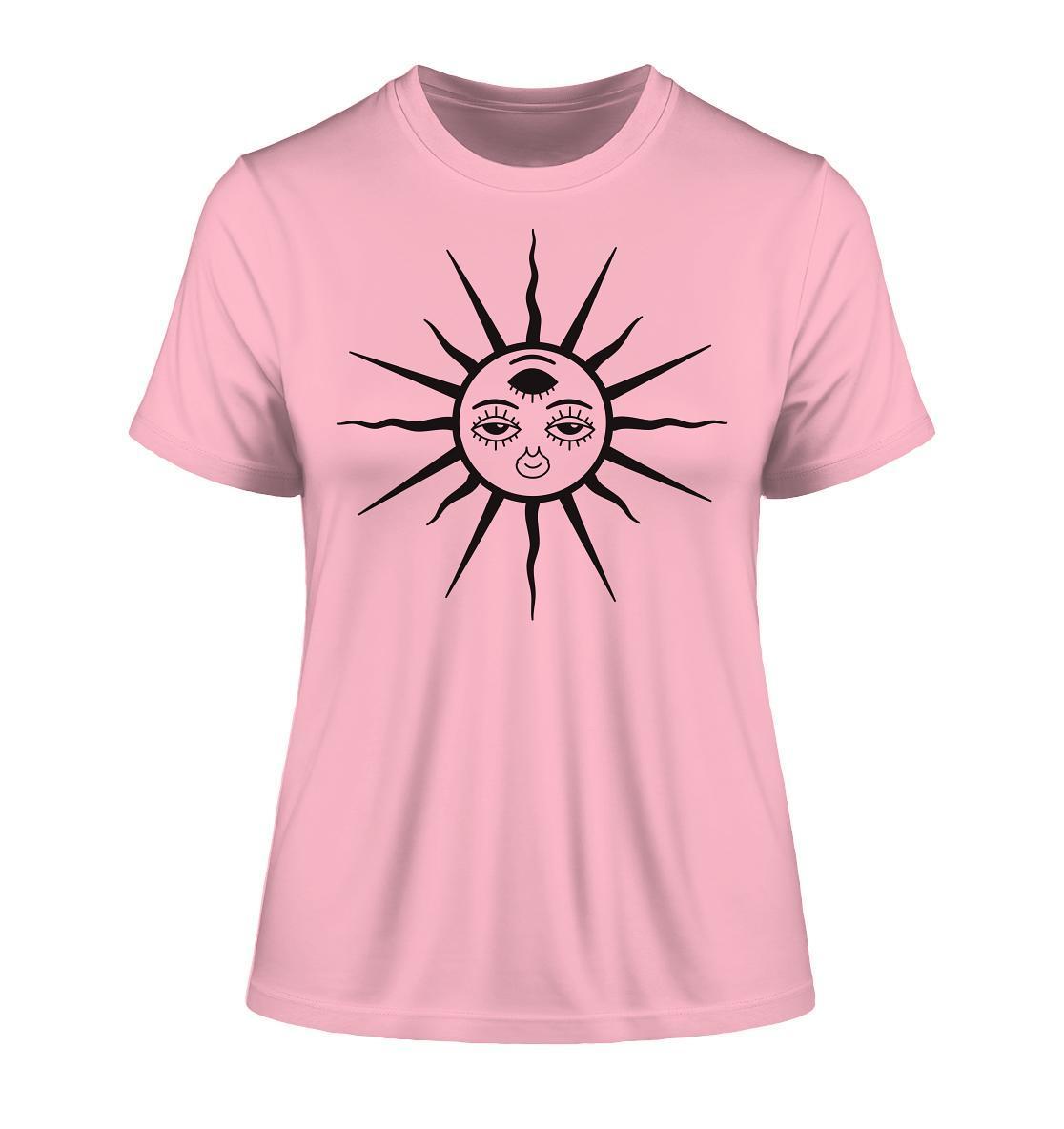 Vegan und Bio Ladies Shirt mit schwarzem Sonnen-Design und Gesicht, inspiriert vom Ethno-Stil. Hergestellt aus Bio-Baumwolle, ideal für Goa Raves.