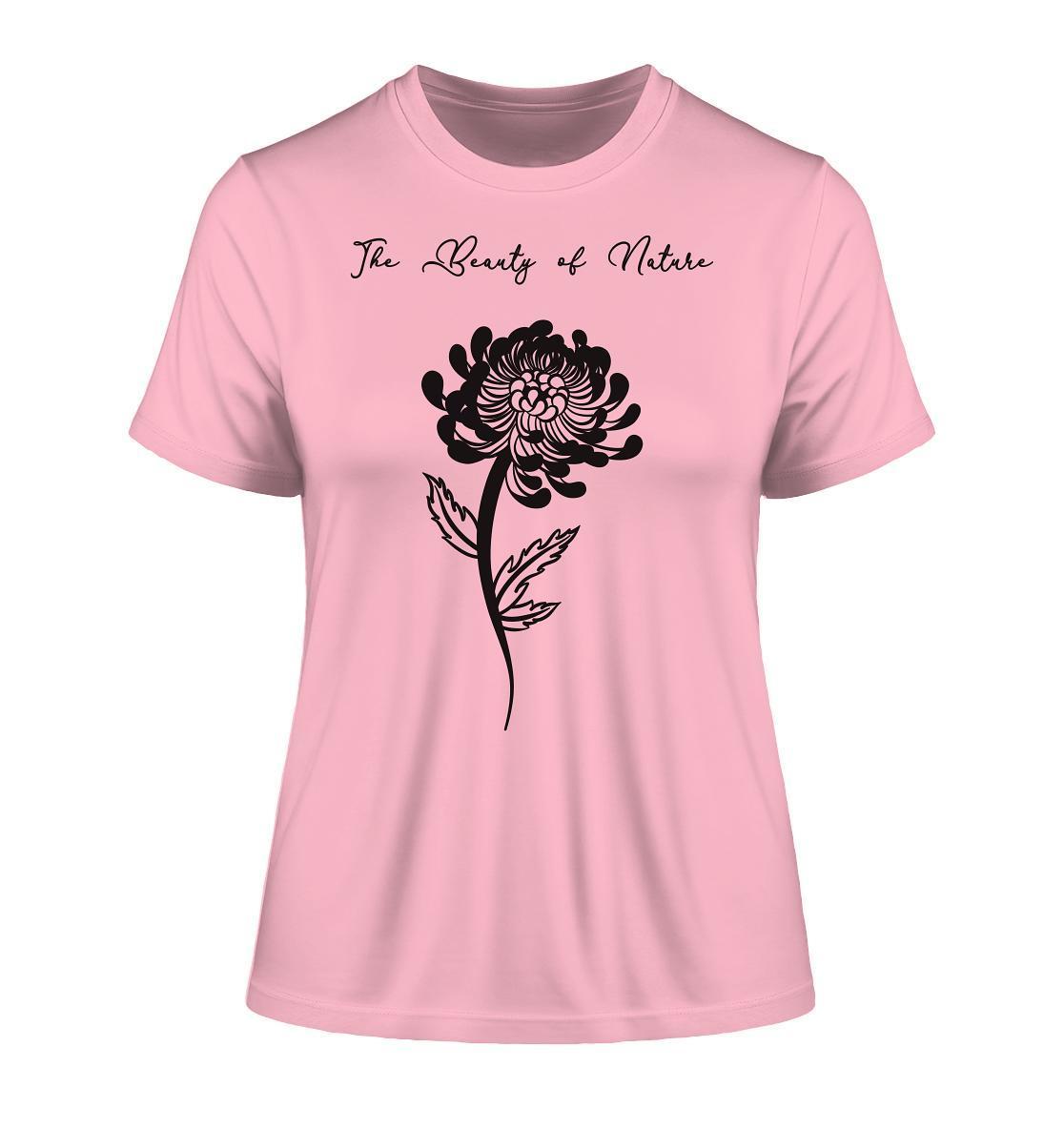 Vegan und Bio Ladies Shirt: Chrysantheme - The Beauty of Nature, pinkes Shirt mit schwarzer Blumenstickerei, aus Bio-Baumwolle, nachhaltige Mode von RUDE REBEL.