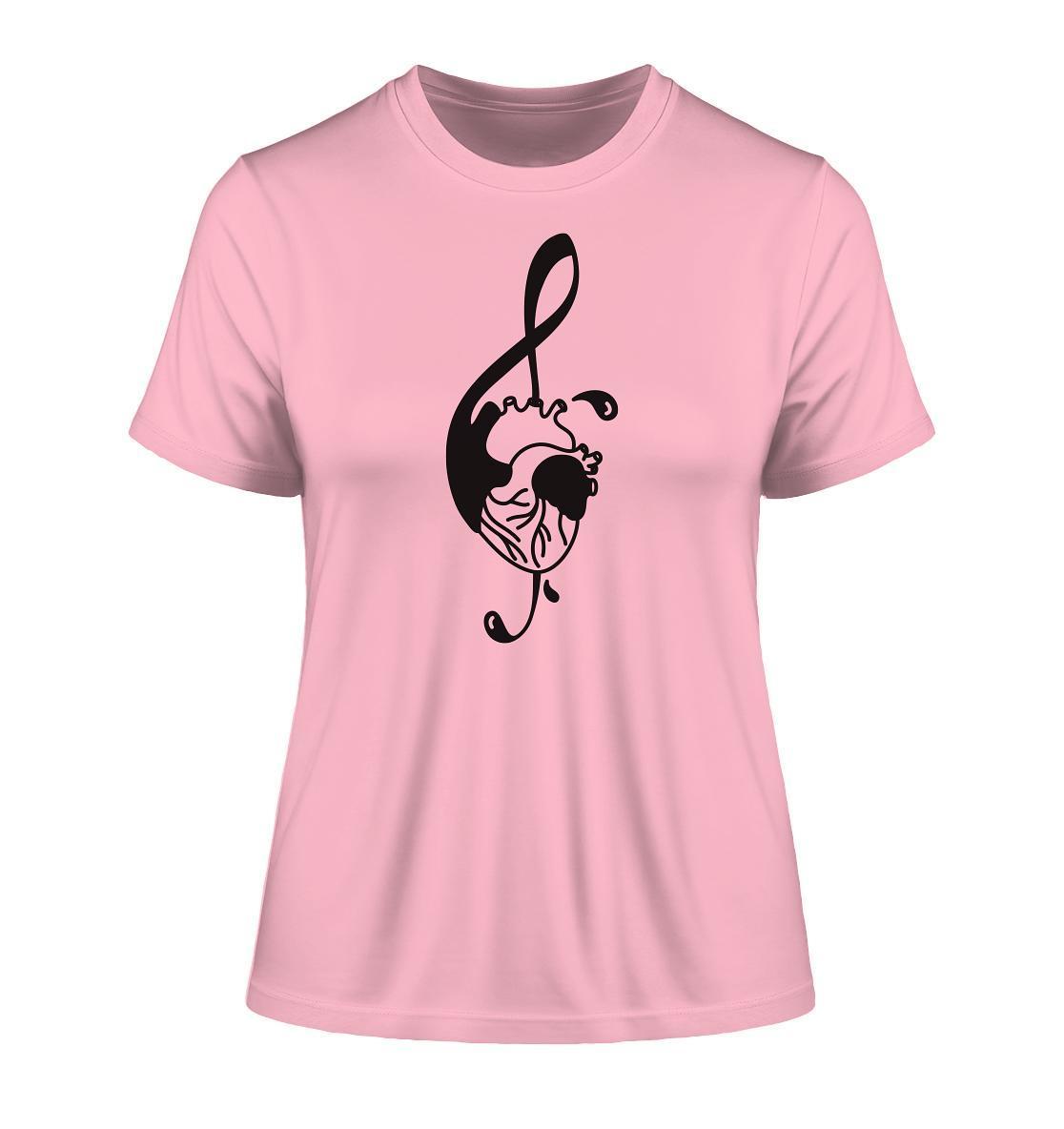 Vegan und Bio Ladies Shirt: Music Therapy with Heart, pink mit schwarzem Notenschlüssel und Herzmotiv, aus 100% Bio-Baumwolle, umweltfreundlich produziert.