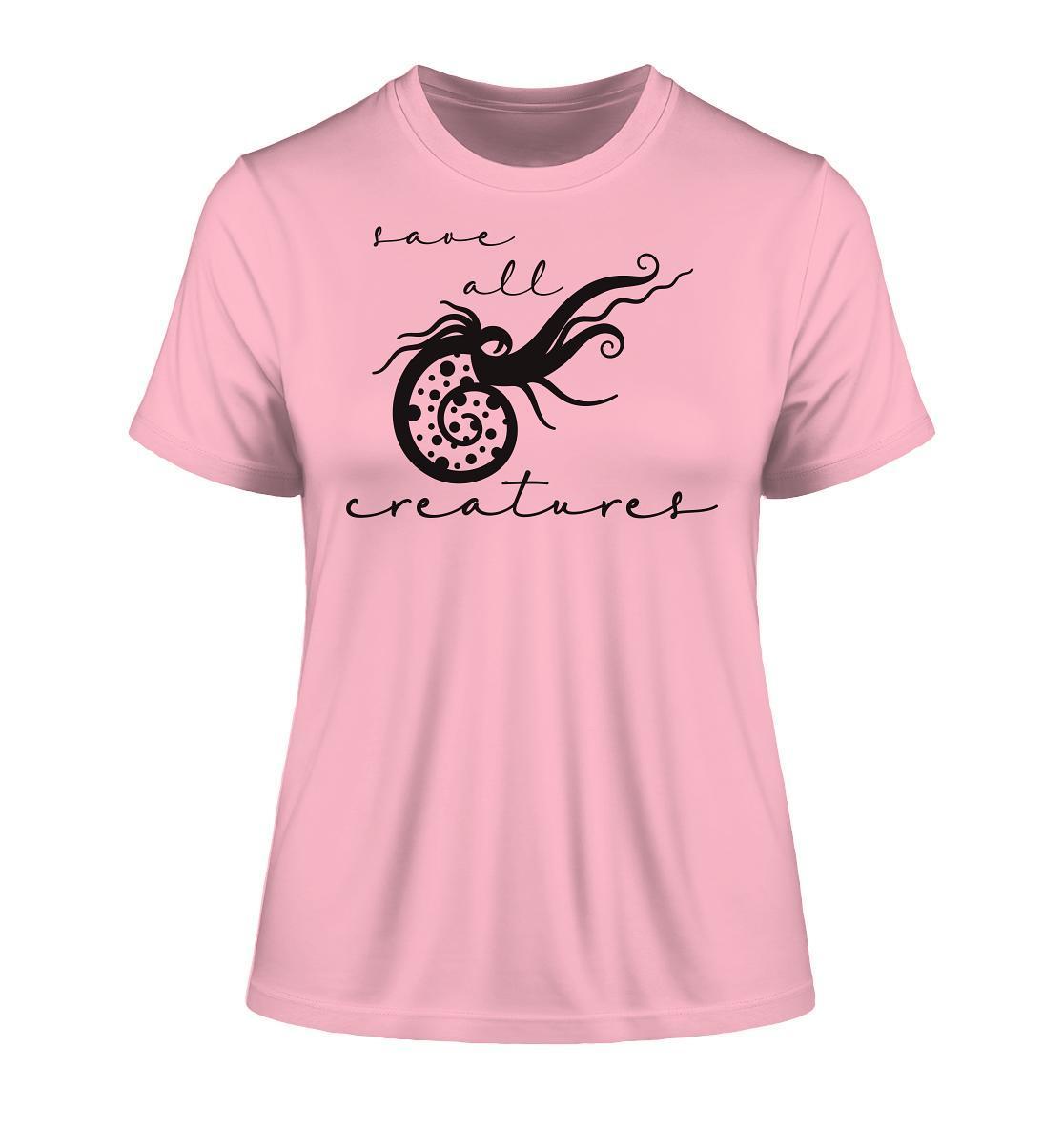 Vegan und Bio Ladies Shirt: Save All Creatures, pinkes Shirt mit schwarzem Grafikdruck eines Oktopus, umweltfreundlich produziert aus 100% Bio-Baumwolle.