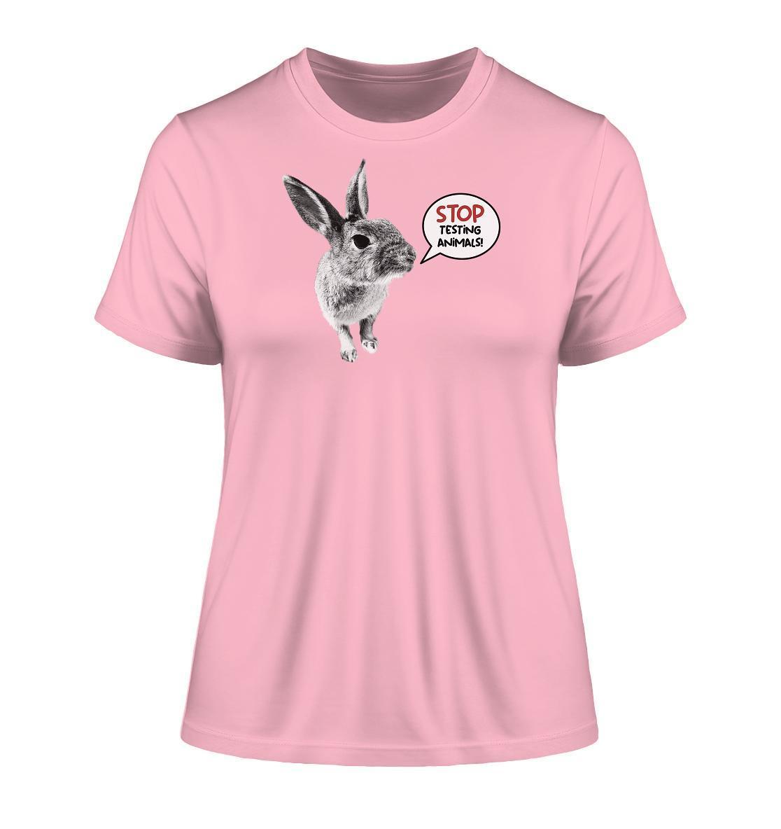 Vegan und Bio Ladies Shirt mit Hase und Stop Animal Testing!-Aufdruck, aus nachhaltiger Bio-Baumwolle, fördert Tierrechte und Tierschutzbewusstsein.