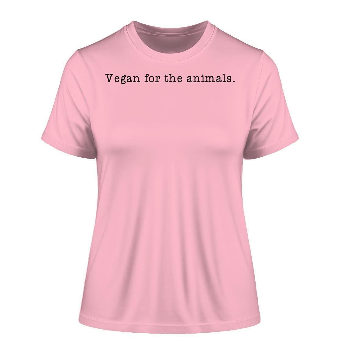 Vegan und Bio Ladies Shirt: Minimalism Design - Vegan for the animals, rosa T-Shirt mit schwarzem Text, 100 % Bio-Baumwolle, von RUDE REBEL.