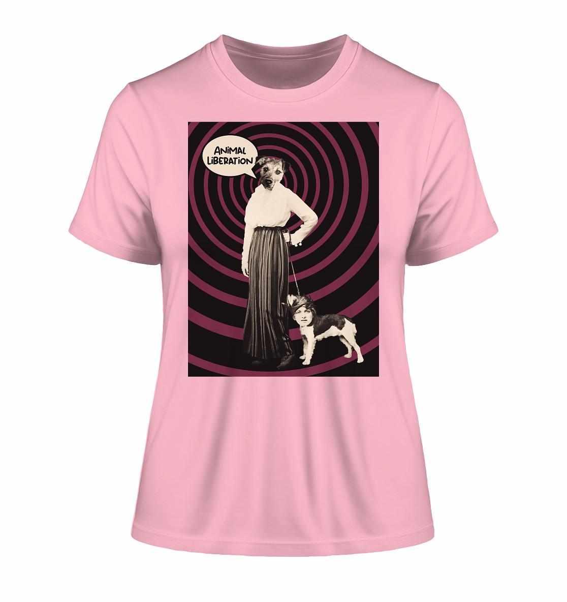 Vegan und Bio Ladies Shirt: Upside Down - Animal Liberation, zeigt digitale Collage einer Frau mit Hund. Hergestellt aus 100% Bio-Baumwolle, umweltfreundlich produziert.