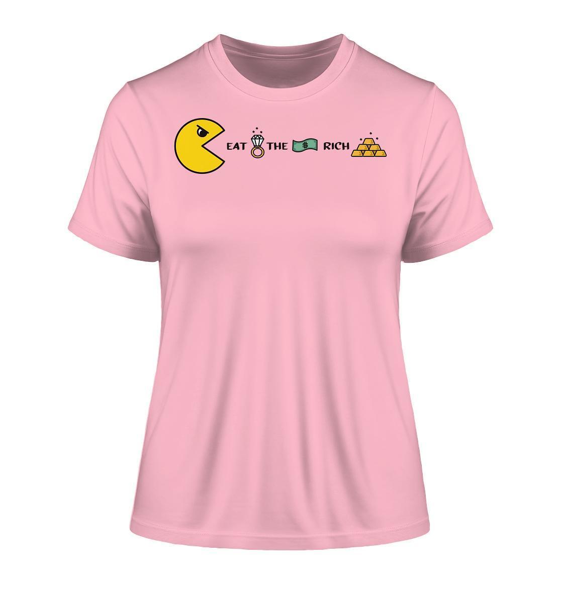 Vegan und Bio Ladies Shirt: PAC-MAN - Eat the rich, zeigt Cartoon-Charakter auf pinkem T-Shirt aus Bio-Baumwolle, produziert von RUDE REBEL.