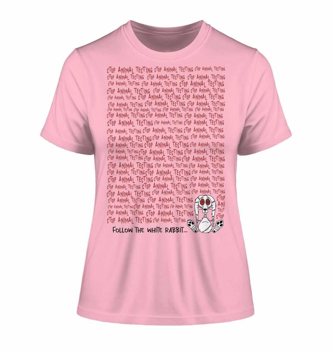 Vegan und Bio Ladies Shirt mit Aufdruck Follow the white rabbit and stop animal testing!, featuring a cartoon rabbit, aus Bio-Baumwolle, betont Tierrechte und Nachhaltigkeit.