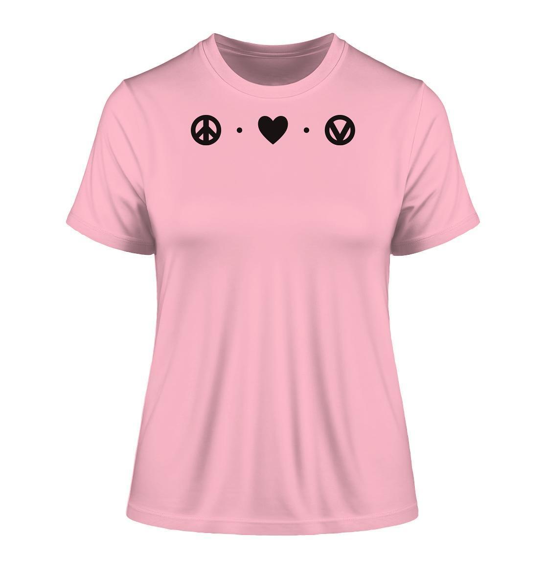 Vegan und Bio Ladies Shirt: Peace - Love - Veganism mit schwarzem Herz- und Peace-Zeichen auf pinkem Hintergrund, aus Bio-Baumwolle, von RUDE REBEL.