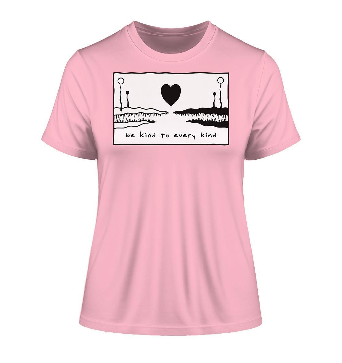 Vegan und Bio Ladies Shirt: Be kind to every kind, rosa mit Herz, aus 100 % Bio-Baumwolle, feiert Liebe und Frieden für alle.