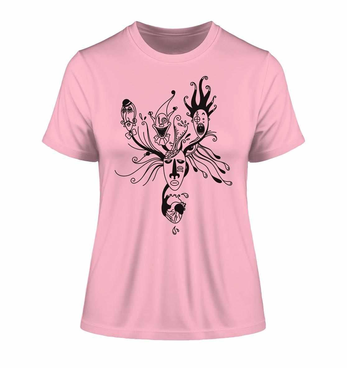 Vegan und Bio Ladies Shirt: Mental Health - Behind the Mask mit schwarzem Cartoon-Gesichtsmotiv auf rosa Hintergrund, aus nachhaltiger Bio-Baumwolle von RUDE REBEL.