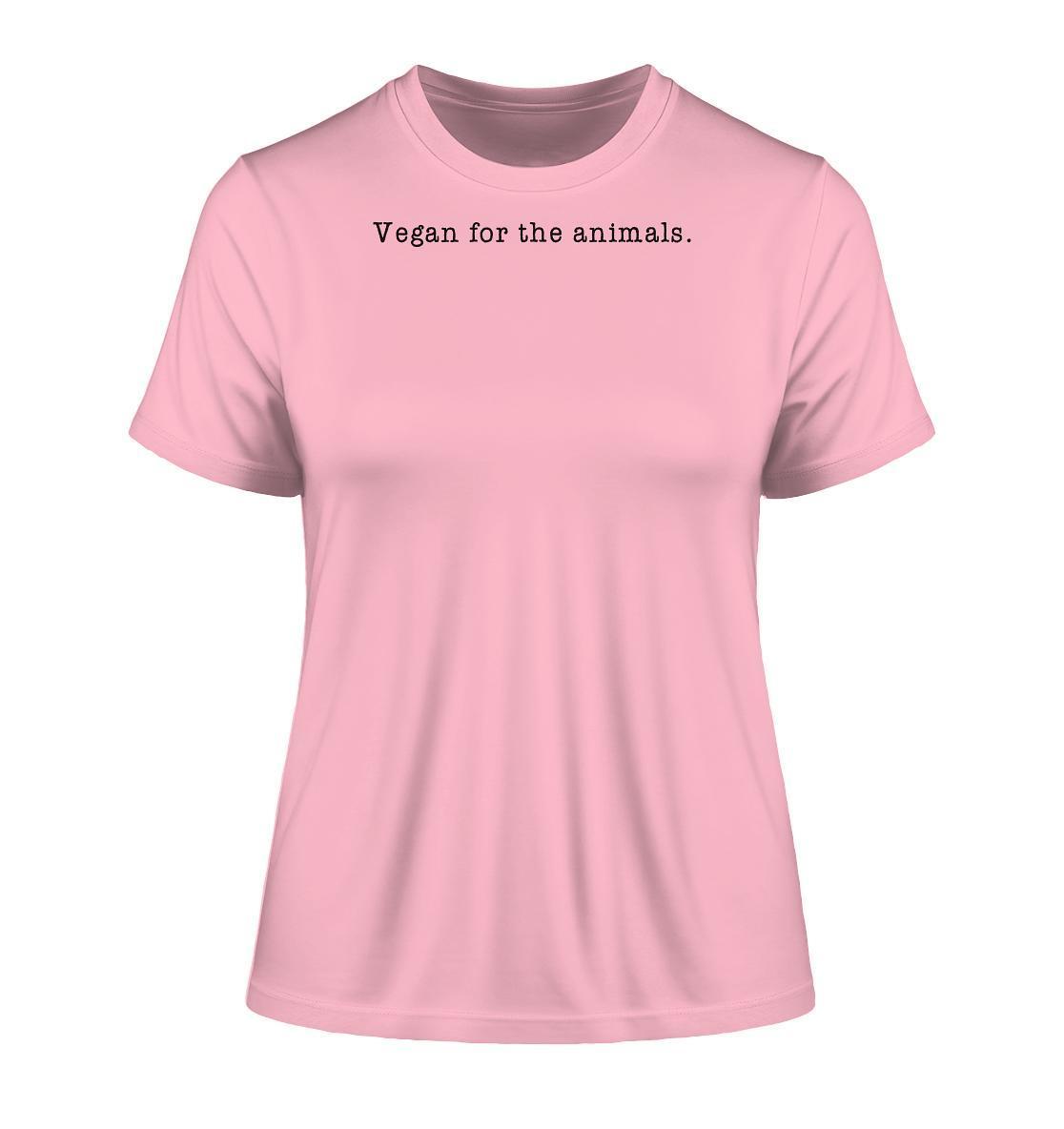 Vegan und Bio Ladies Shirt: Vegan for the animals - minimalistisch, aus Bio-Baumwolle, betont Tierrechte mit schwarzem Text auf pinkem Hintergrund. Ideal für umweltbewusste Mode.