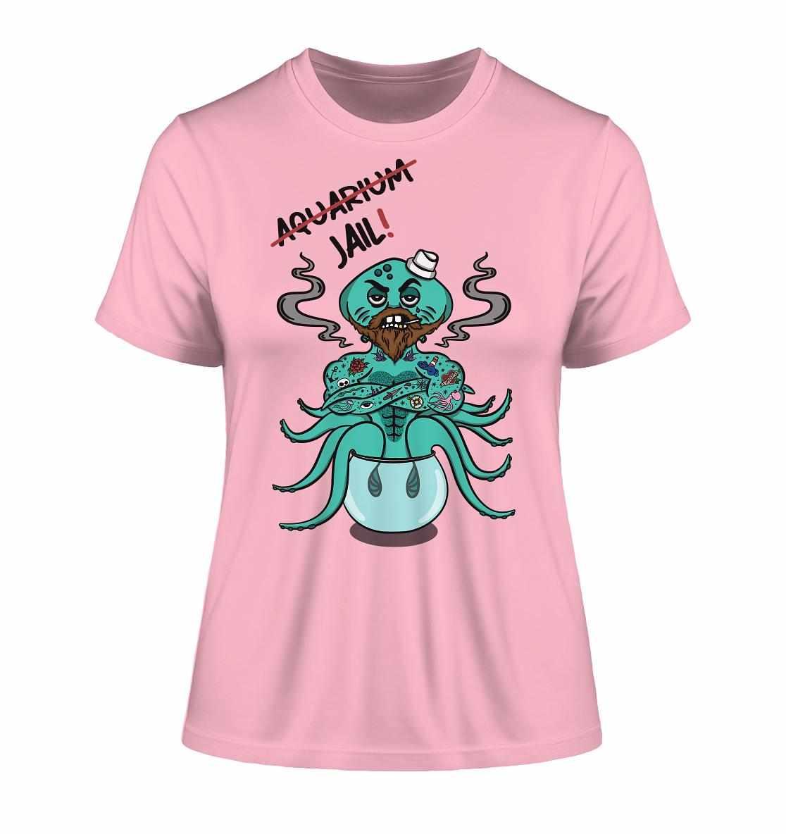Vegan und Bio Ladies Shirt: Animal Rights - Aquarium=Jail! mit Cartoon-Oktopus, aus umweltfreundlicher Bio-Baumwolle, unterstützt Meereslebewesen und Tierrechte.