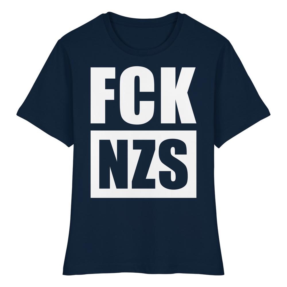 Vegan und Bio Ladies Shirt: FCK NZS, dunkelblau, mit weißem Anti-Nazi-Slogan. 100 % Bio-Baumwolle, enge Passform, doppelt genähte Ärmel und Saum.