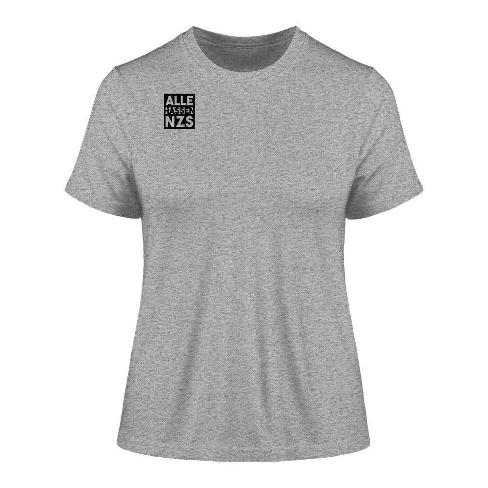 Vegan und Bio Ladies Shirt: ALLE HASSEN NZS! Heather-graues, tailliertes T-Shirt mit schwarzem Slogan-Quadrat auf der Brust, aus 100% Bio-Baumwolle.