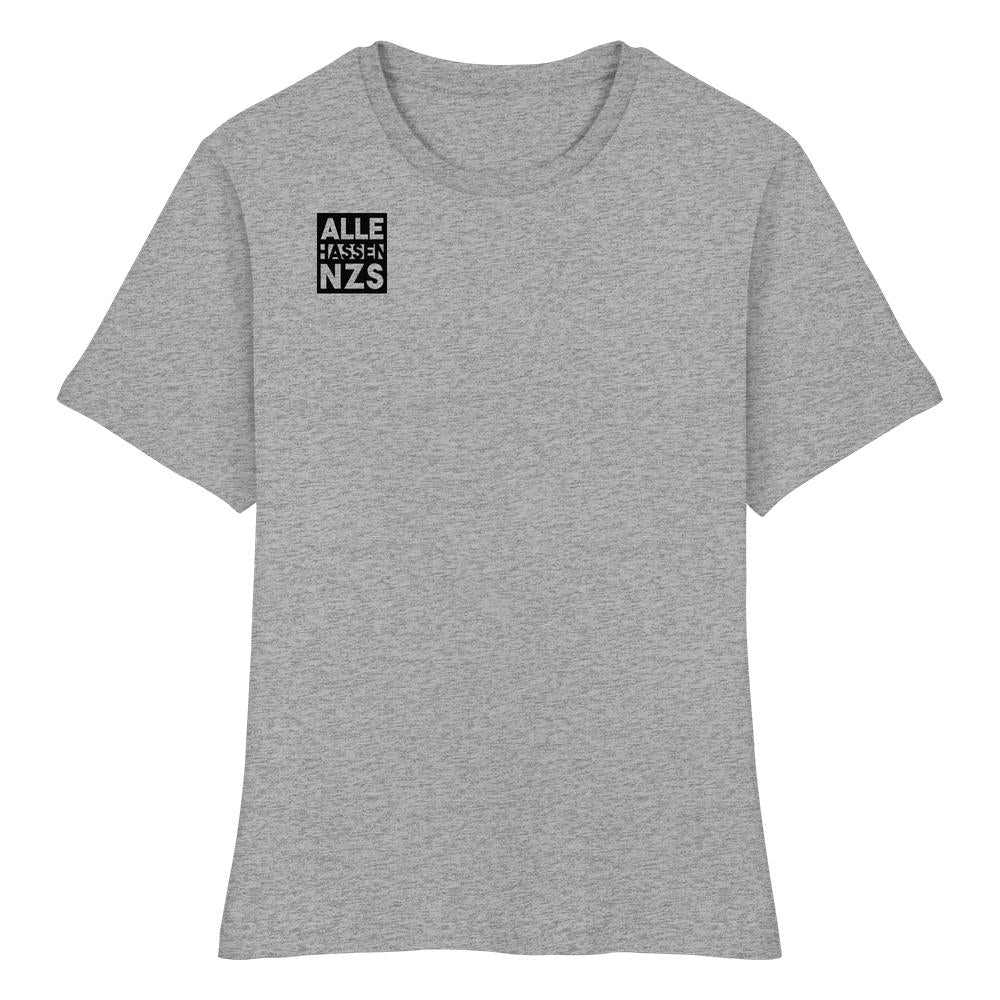 Vegan und Bio Damen T-Shirt: ALLE HASSEN NZS! in hellgrau, mit schwarzem Quadrat und weißem Text auf der linken Brust, aus 100% Bio-Baumwolle, figurbetont.