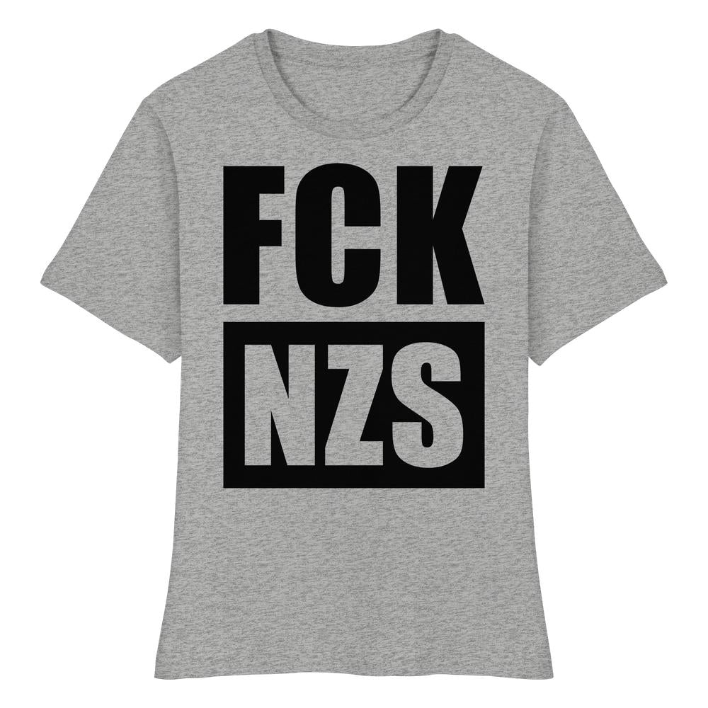 Veganes Bio-Damen-Shirt FCK NZS, hellgrau, kurzärmelig, mit schwarzem Anti-Nazi-Slogan. Hergestellt aus 100 % Bio-Baumwolle, enge Passform, von RUDE REBEL.