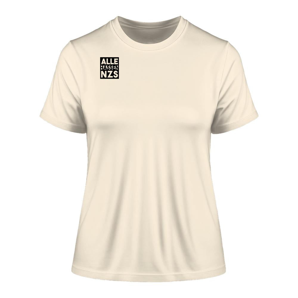 Veganes und Bio Damen T-Shirt ALLE HASSEN NZS! mit schwarzem Quadrat und weißem Text auf der Brust, aus 100% Bio-Baumwolle, enge Passform.