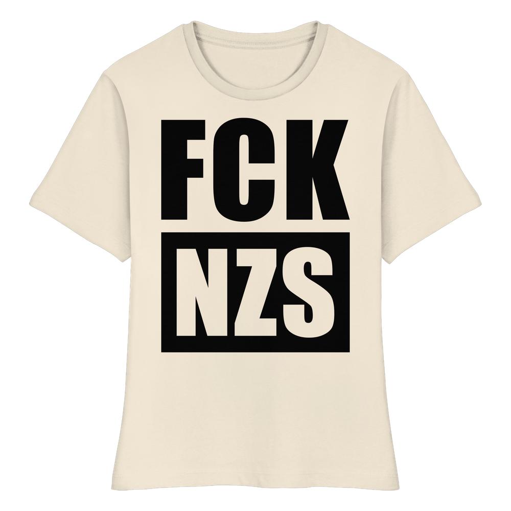 T-Shirt aus Bio-Baumwolle mit dem Slogan FCK NZS, rebellisches Statement gegen Rechts. Vegane, enge Passform, von RUDE REBEL.