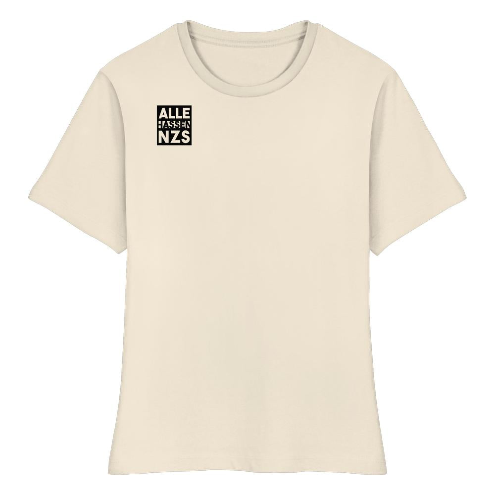 Vegan und Bio Ladies Shirt: ALLE HASSEN NZS! - Beige T-Shirt mit schwarzem Quadrat und weißem Text auf der Brust, aus 100% Bio-Baumwolle, enge Passform.