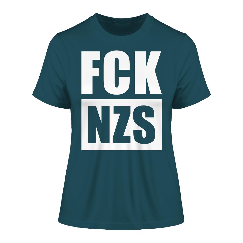Vegan und Bio Ladies Shirt: FCK NZS, teal T-Shirt mit weißem Aufdruck „FCK NZS“, aus 100 % Bio-Baumwolle, enge Passform, rebellisches Design von RUDE REBEL.
