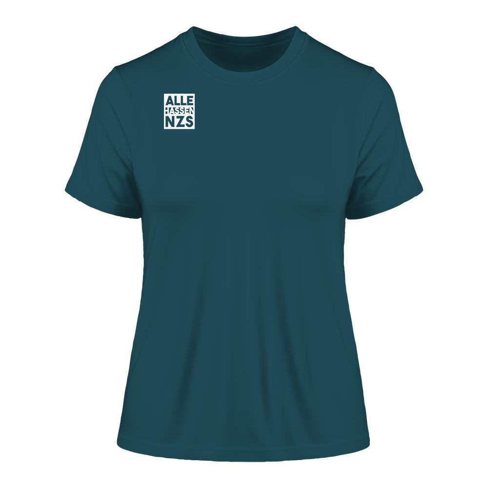 Vegan und Bio Ladies Shirt: ALLE HASSEN NZS! Teal T-Shirt mit weißem Print, nachhaltige Baumwolle, rebellisches Design gegen Nazis, enge Passform, von RUDE REBEL.