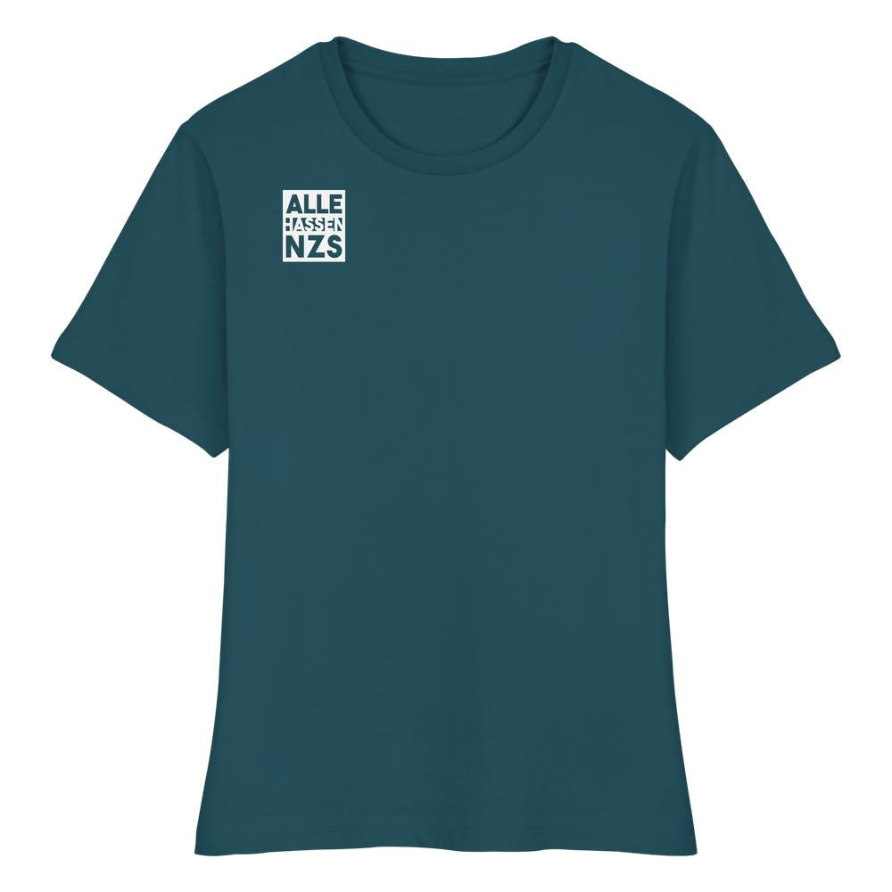 Vegan und Bio Ladies Shirt: ALLE HASSEN NZS! mit weißem Logo auf der Brust, aus 100% Bio-Baumwolle, enge Passform, nachhaltiges Design von RUDE REBEL.