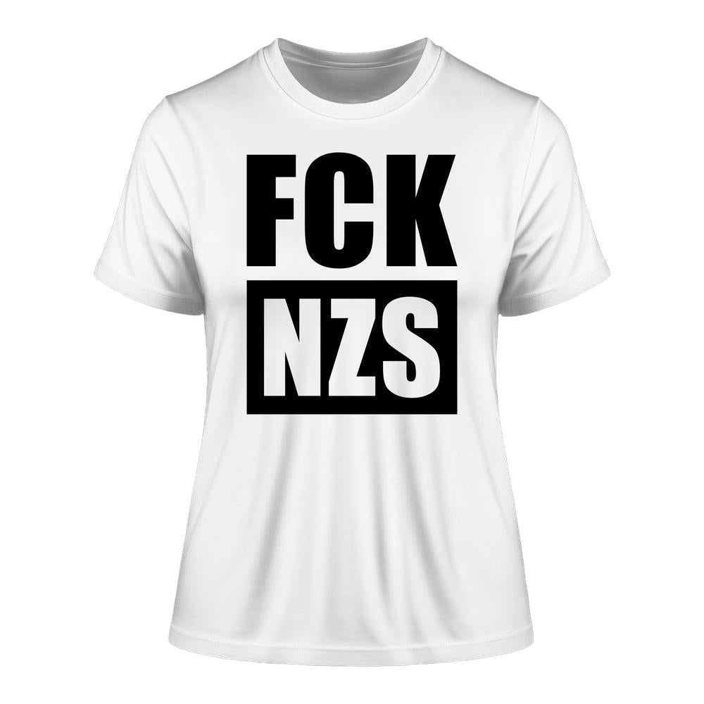 Vegan und Bio Ladies Shirt: FCK NZS, weißes T-Shirt mit schwarzem Anti-Nazi-Slogan. Hergestellt aus 100% Bio-Baumwolle, enge Passform, rebellisches Design von RUDE REBEL.