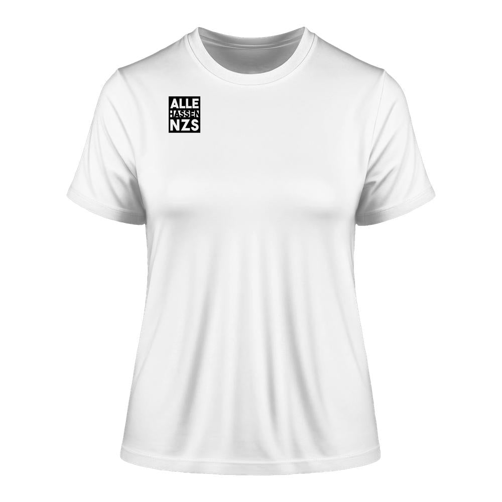Damen T-Shirt, Vegan und Bio: ALLE HASSEN NZS!, weiß, mit schwarzem Quadrat und weißem Text links oben auf der Brust, aus 100 % Bio-Baumwolle, eng anliegend.