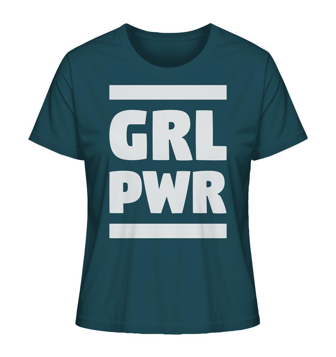 Vegan und Bio Ladies Shirt: GIRL POWER, mit feministischer Botschaft in weißem Text auf einem T-Shirt aus 100% Bio-Baumwolle, für starke, emanzipierte Frauen.