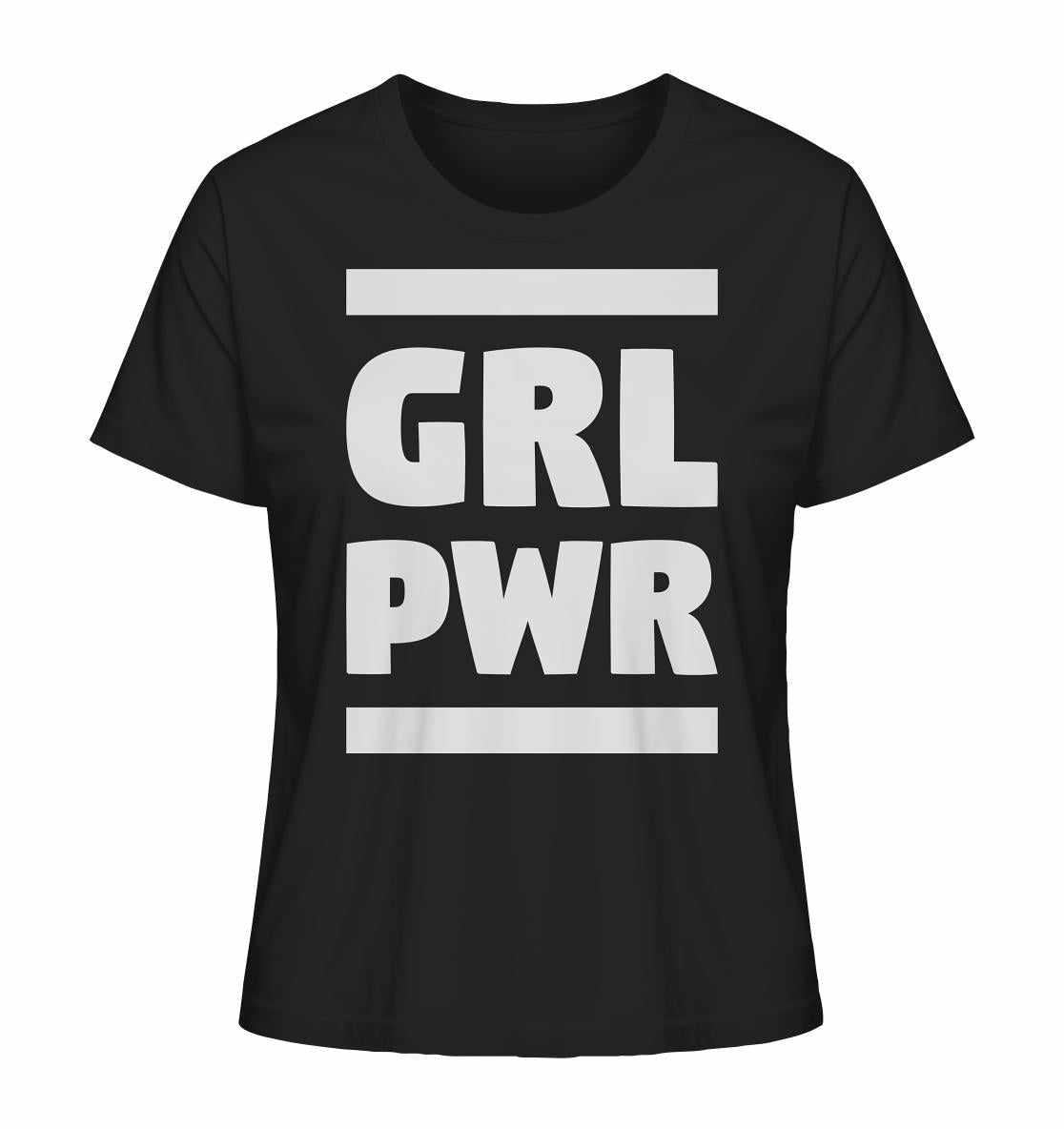 Vegan und Bio Ladies Shirt: GIRL POWER, schwarzes Shirt mit weißem Text, aus 100% Bio-Baumwolle, zeigt feministische Botschaft.