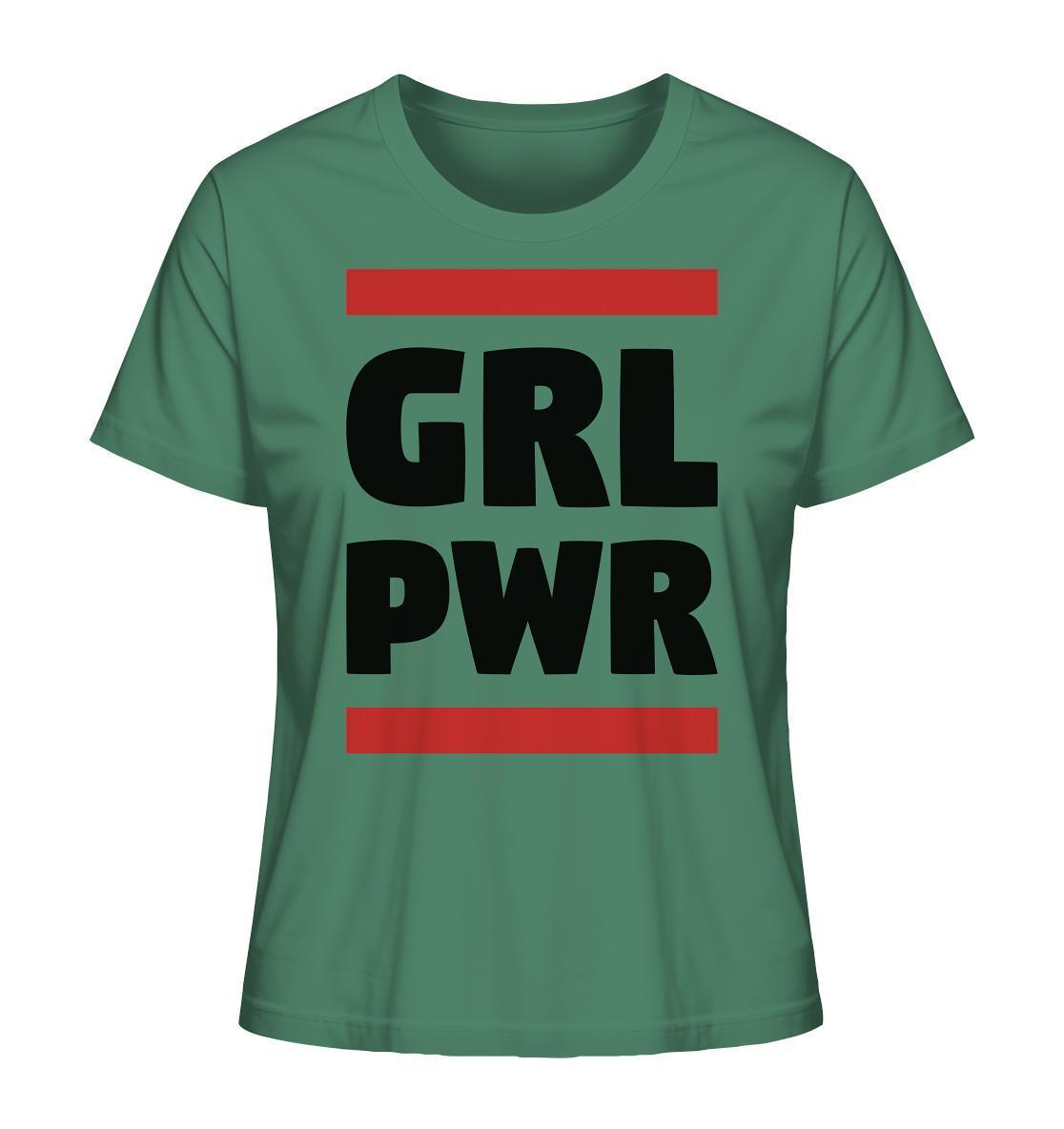 Vegan und Bio Ladies Shirt: GIRL POWER mit feministischer Botschaft, aus 100% Bio-Baumwolle, grünes Shirt mit schwarzem Text, repräsentiert Stärke und Selbstbewusstsein.