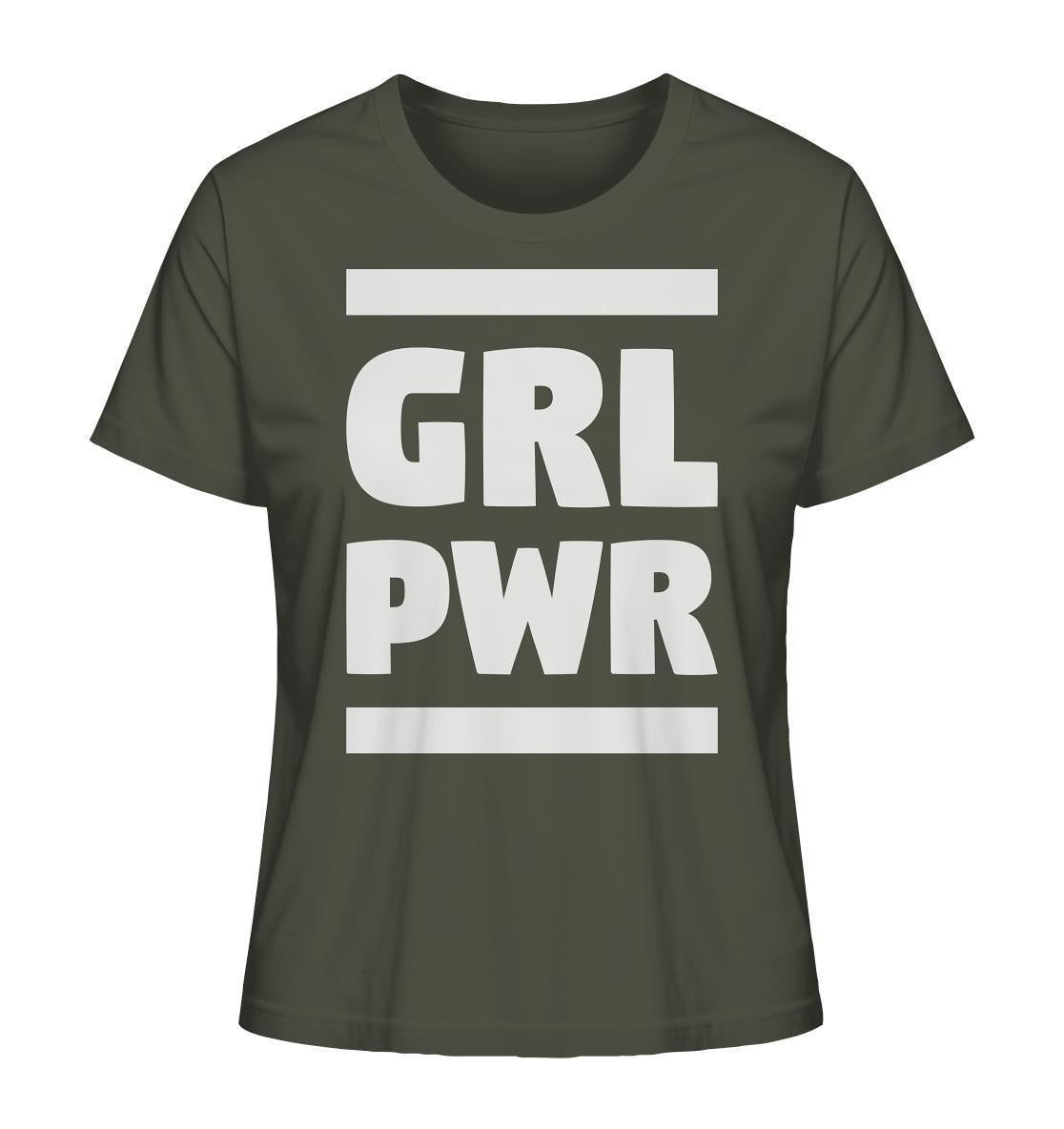Vegan und Bio Ladies Shirt: GIRL POWER mit feministischer Botschaft, aus 100% Bio-Baumwolle, zeigt weiße Schrift auf der Vorderseite. Ideal für umweltbewusste, starke Frauen.