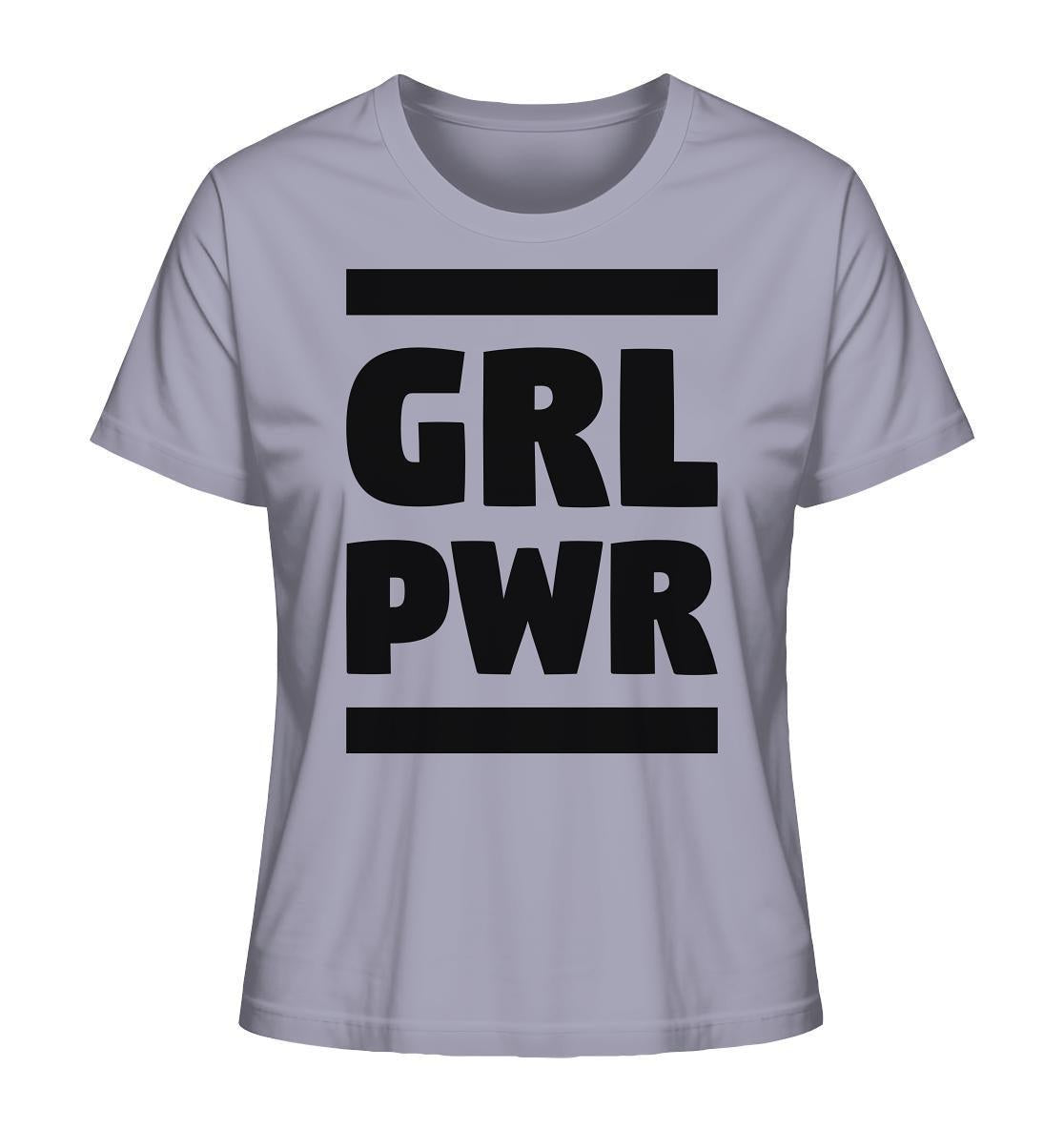 Vegan und Bio Ladies Shirt: GIRL POWER mit feministischer Botschaft, graues T-Shirt aus Bio-Baumwolle, schwarze Schrift, umweltfreundlich produziert, für starke, emanzipierte Frauen.