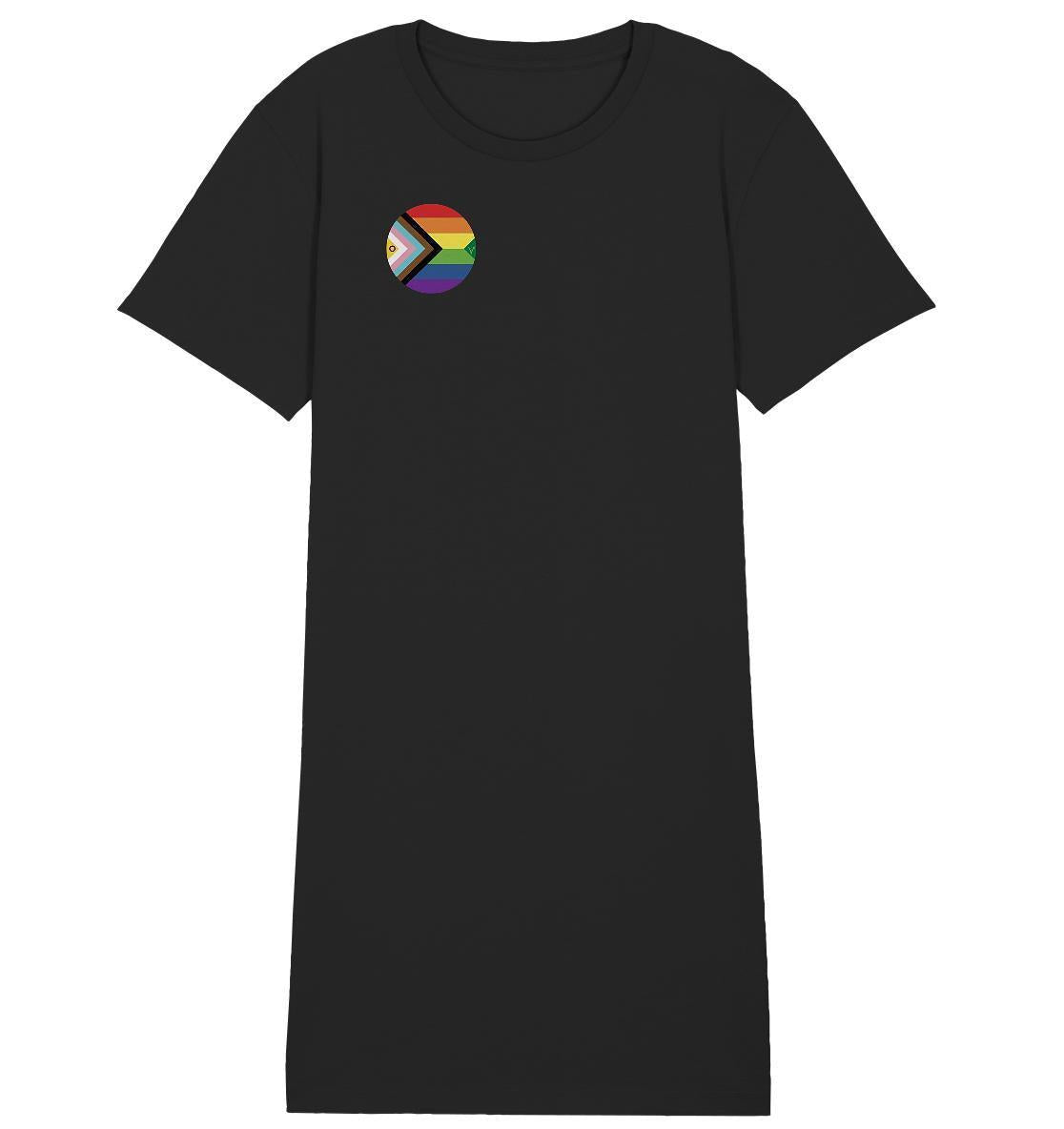 Vegan und Bio Shirt Kleid: LGBTQAI+ Veganismus mit Regenbogenlogo, hergestellt aus Bio-Baumwolle, normaler Passform, repräsentiert Freiheit und Liebe.
