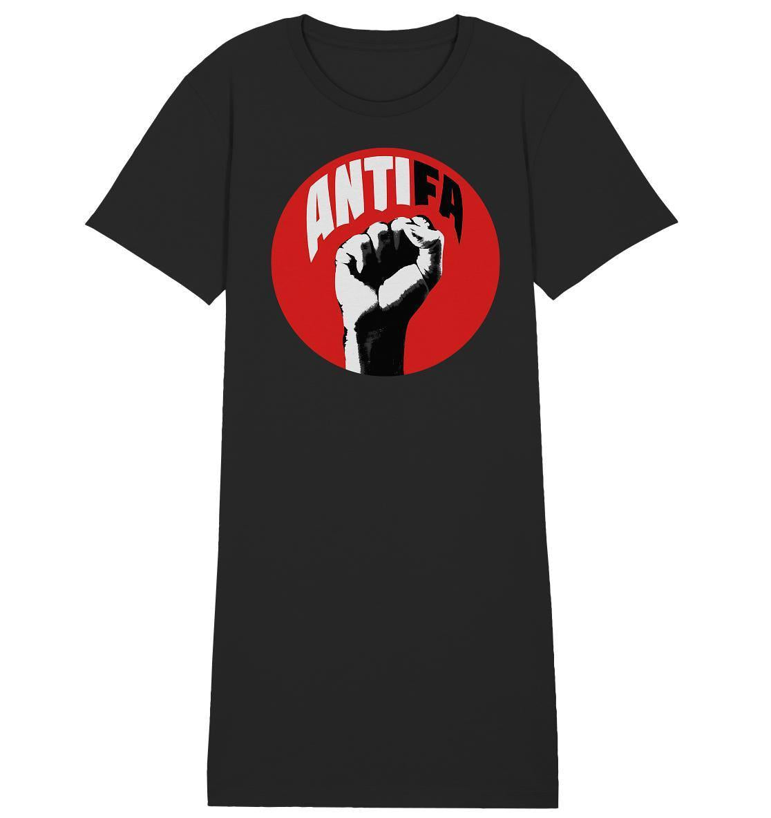 Vegan und Bio Shirt Kleid: Antifa - Gemeinsam gegen Rechts, zeigt erhobene Faust als Symbol des Widerstands auf schwarzem Hintergrund, aus Bio-Baumwolle, normaler Schnitt.