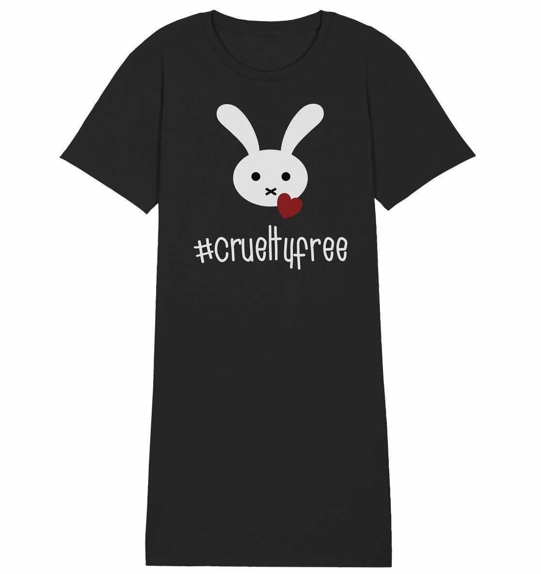 Vegan und Bio Shirt Kleid: Crueltyfree Bunny BIG mit weißem Kaninchenmotiv, symbolisiert tierversuchsfreie Kosmetikbewegung, aus 100% Bio-Baumwolle, normale Passform, von RUDE REBEL.