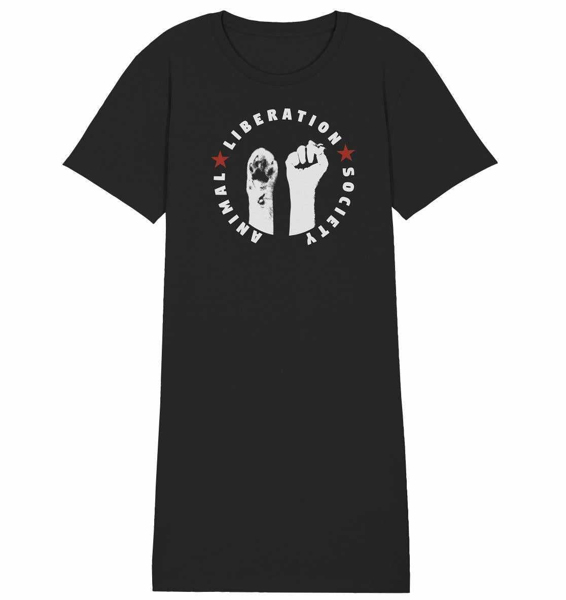 Vegan und Bio Shirt Kleid mit Faust- und Pfoten-Design, verkörpert Tierrechte und Umweltbewusstsein, hergestellt aus 100 % Bio-Baumwolle.