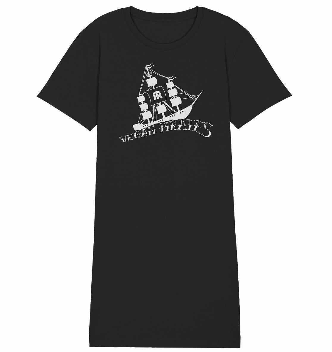 Vegan und Bio Shirt Kleid: Vegan Pirates, zeigt ein Piratenschiff-Design auf schwarzem Hintergrund, hergestellt aus 100% Bio-Baumwolle, normaler Schnitt, kurze Ärmel.