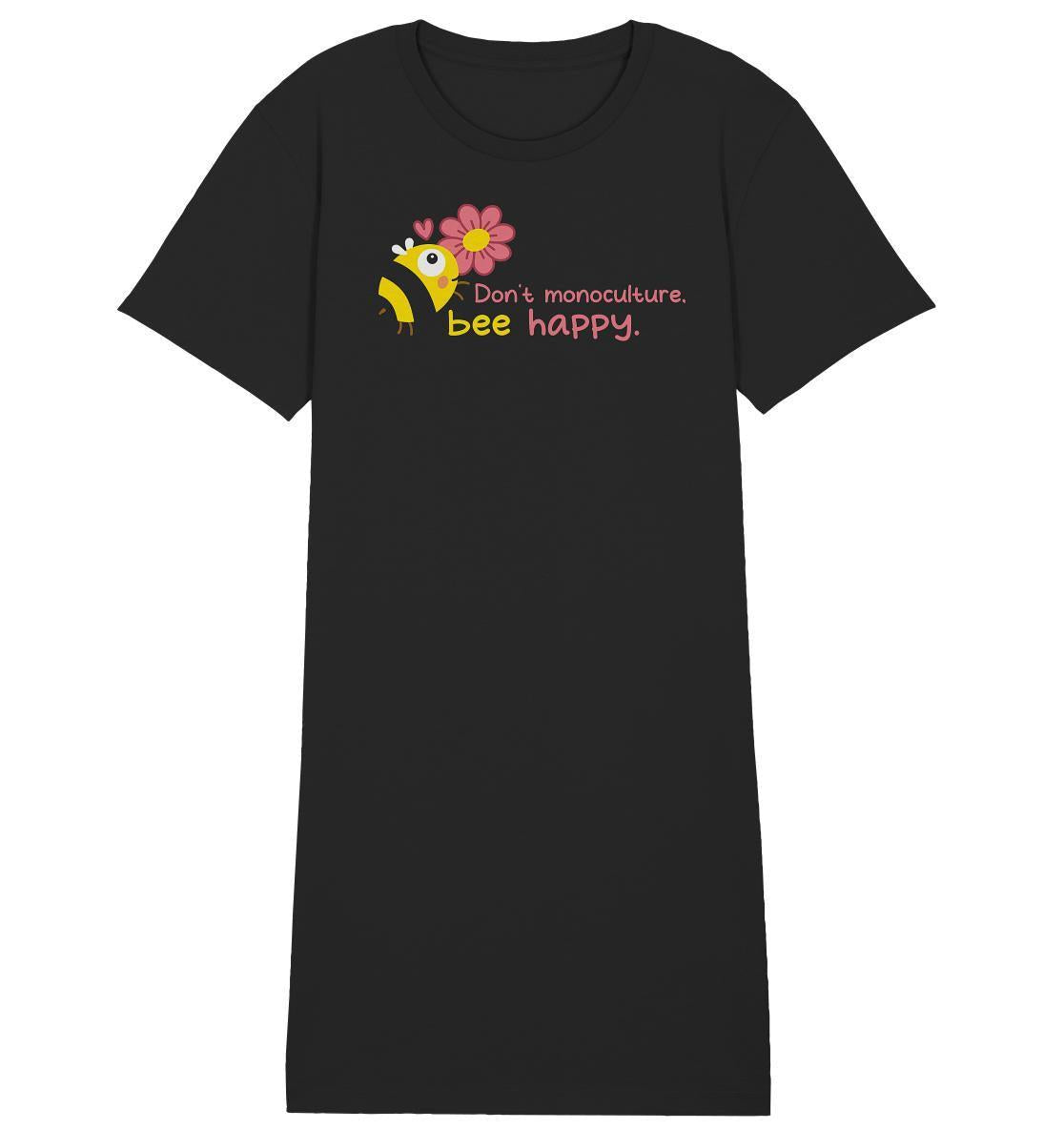 Vegan und Bio Shirt Kleid: Save the bees, schwarzes Kleid mit Cartoon-Biene, aus Bio-Baumwolle, normaler Schnitt, für Insektenschutz und Nachhaltigkeit.