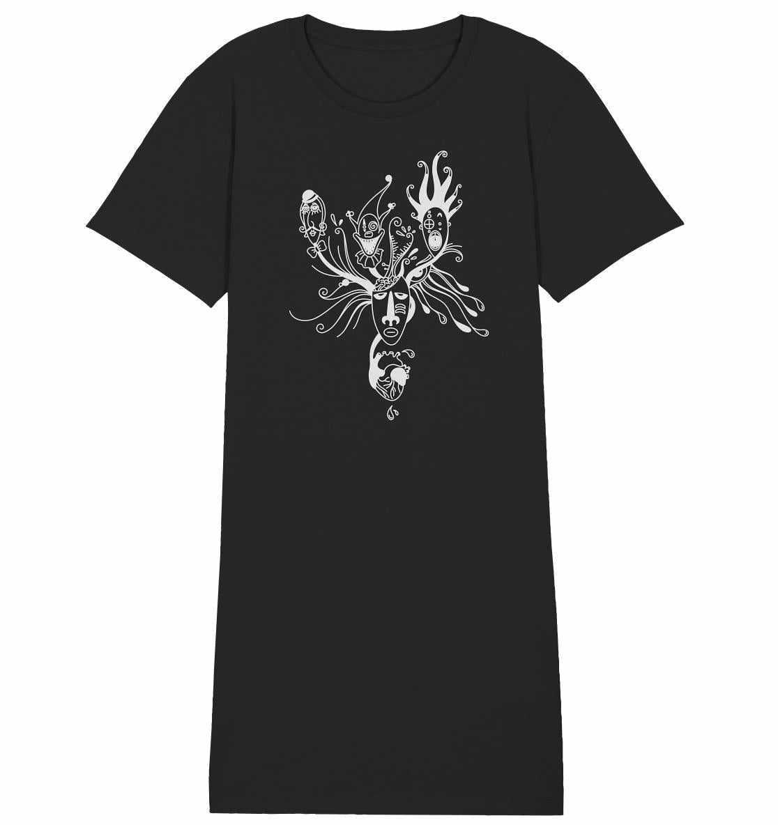 Vegan und Bio Shirt Kleid: Mental Health - Behind the Mask mit Hirsch-Design, minimalistischer Blackwork-Stil, aus Bio-Baumwolle, normale Passform, von RUDE REBEL.