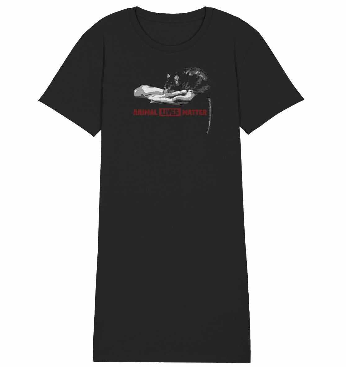 Vegan und Bio Shirt Kleid: ANIMAL LIVES MATTER mit Tierschutzmotiv, aus 100% Bio-Baumwolle, betont Gleichwertigkeit aller Lebewesen.