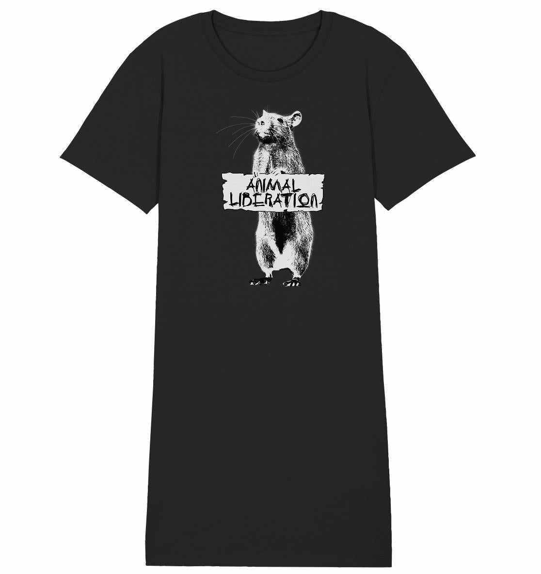 Vegan und Bio Shirt Kleid: Rat for Animal Liberation, zeigt eine digitale Schwarz-Weiß-Collage mit einem Tiermotiv, inspiriert von Banksys Street Art, aus Bio-Baumwolle.