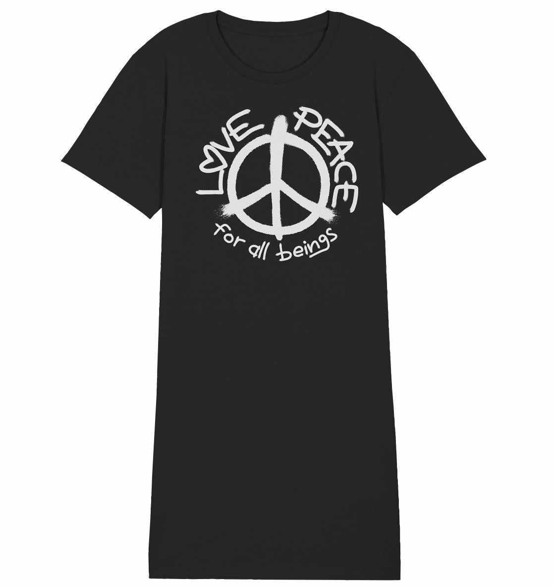Vegan und Bio Shirt Kleid: LOVE and PEACE for all beings mit Friedenszeichen, hergestellt aus 100% Bio-Baumwolle, symbolisiert eine Botschaft von Liebe und Frieden.