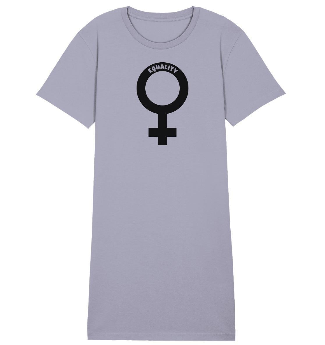 Vegan und Bio Shirt Kleid mit Venussymbol, feministische Botschaft auf grauem T-Shirt aus Bio-Baumwolle, symbolisiert weltweite Gleichberechtigung der Frauen.