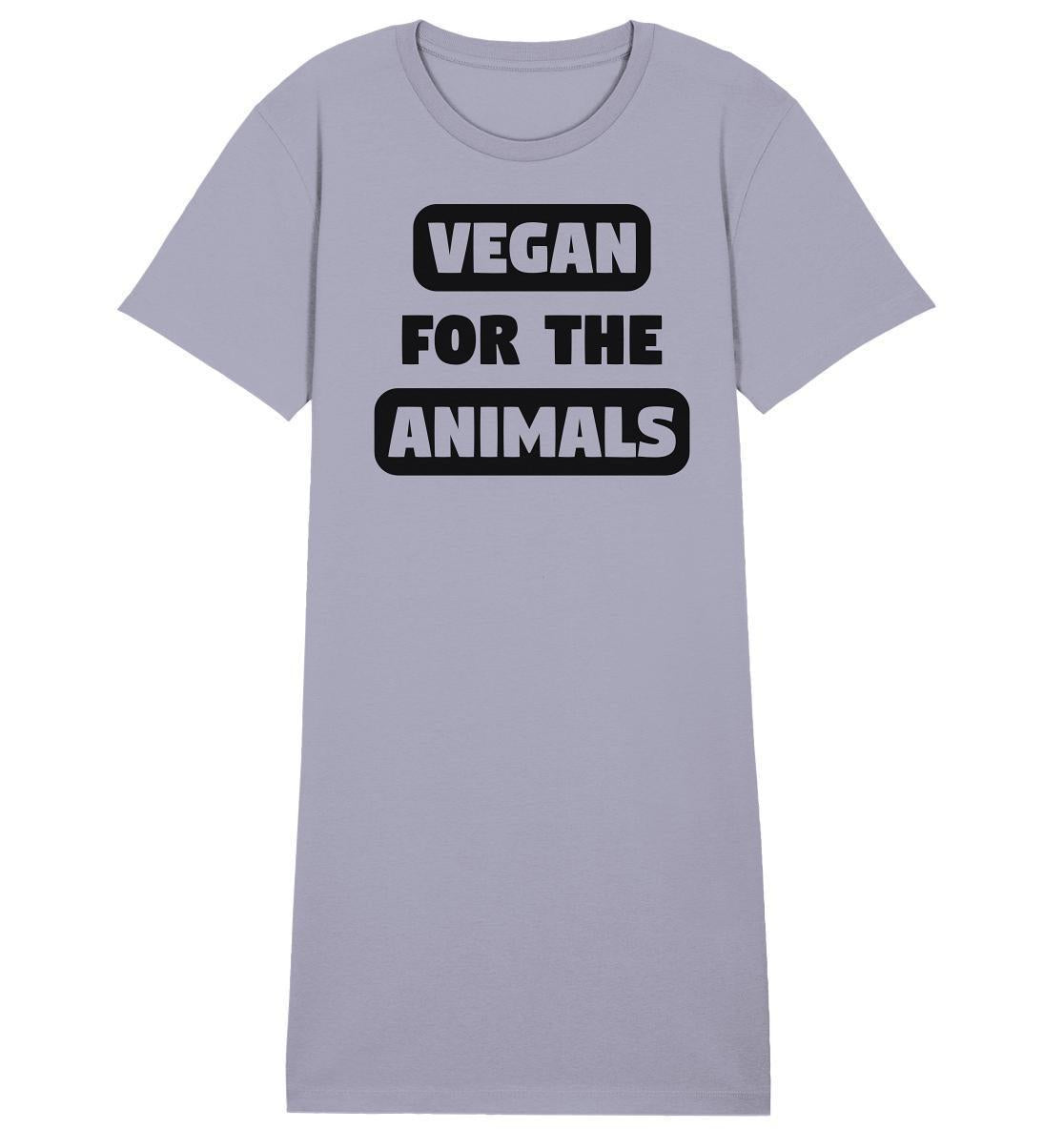 Vegan und Bio Shirt Kleid: VEGAN FOR THE ANIMALS, graues T-Shirt mit schwarzem Text, nachhaltig aus Bio-Baumwolle, normaler Schnitt, von RUDE REBEL.