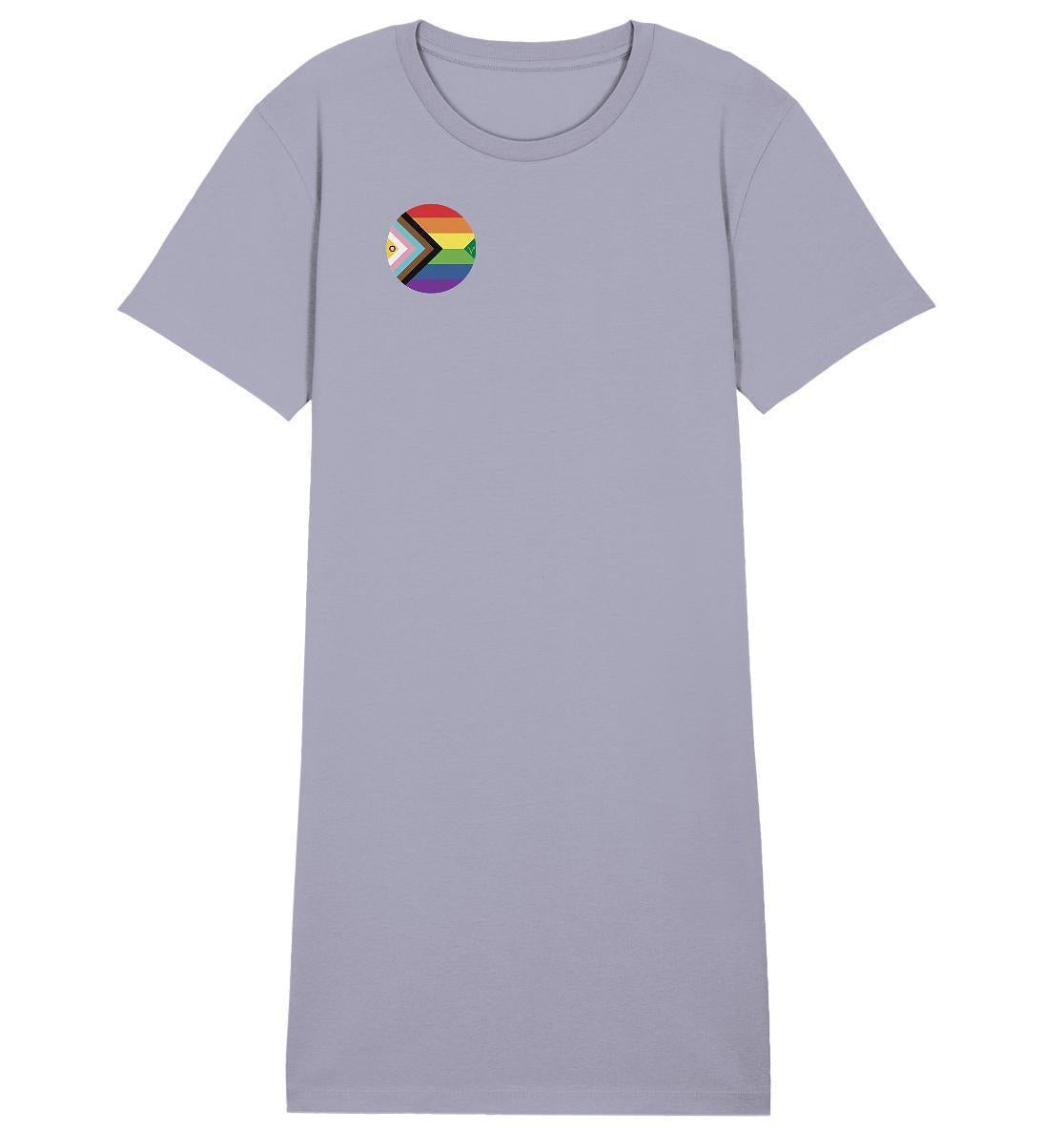 Vegan und Bio Shirt Kleid: LGBTQAI+ Veganismus, zeigt ein Regenbogen-Logo, hergestellt aus nachhaltiger Bio-Baumwolle. Perfekt für vegane und umweltbewusste Mode.