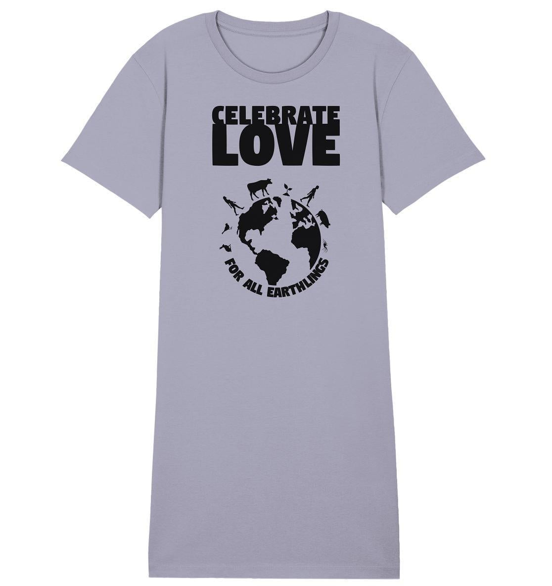 Vegan und Bio Shirt Kleid: Celebrate Love For All Earthlings, graues T-Shirt mit Grafik eines Globus und Menschen, symbolisiert Veganismus, Feminismus und Gleichberechtigung.