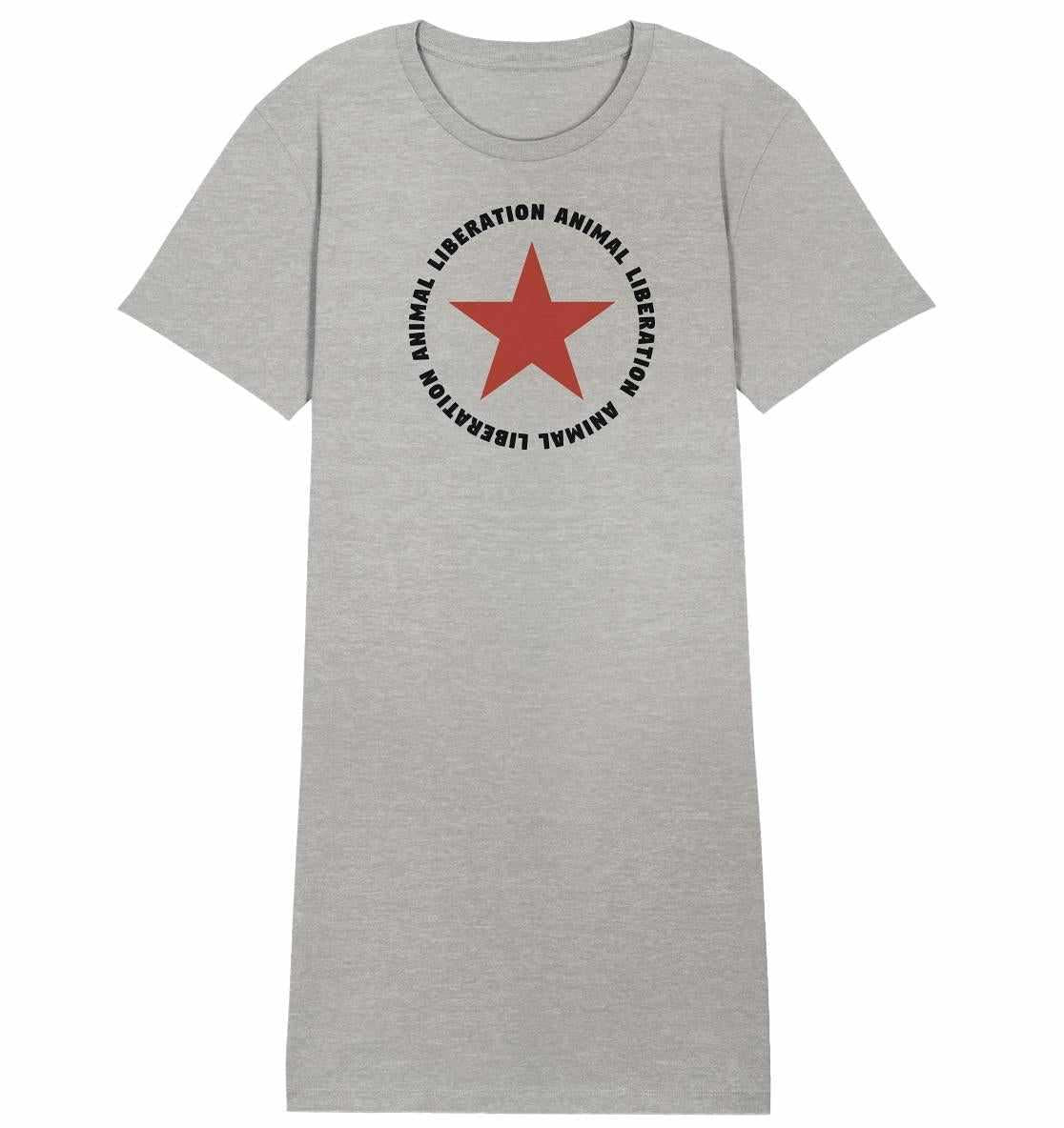 Graues Bio-Baumwoll-Shirtkleid mit rotem Stern, Vegan und Bio Shirt Kleid: Red Star und Animal Liberation, von RUDE REBEL, normale Passform, eingesetzte Ärmel.