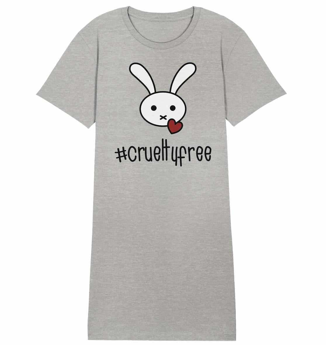Vegan und Bio Shirt Kleid: Crueltyfree Bunny BIG, graues T-Shirt mit Cartoon-Hase und Herzmotiv, aus 100% Bio-Baumwolle, steht für vegane Bewegung und Tierrechte ein.