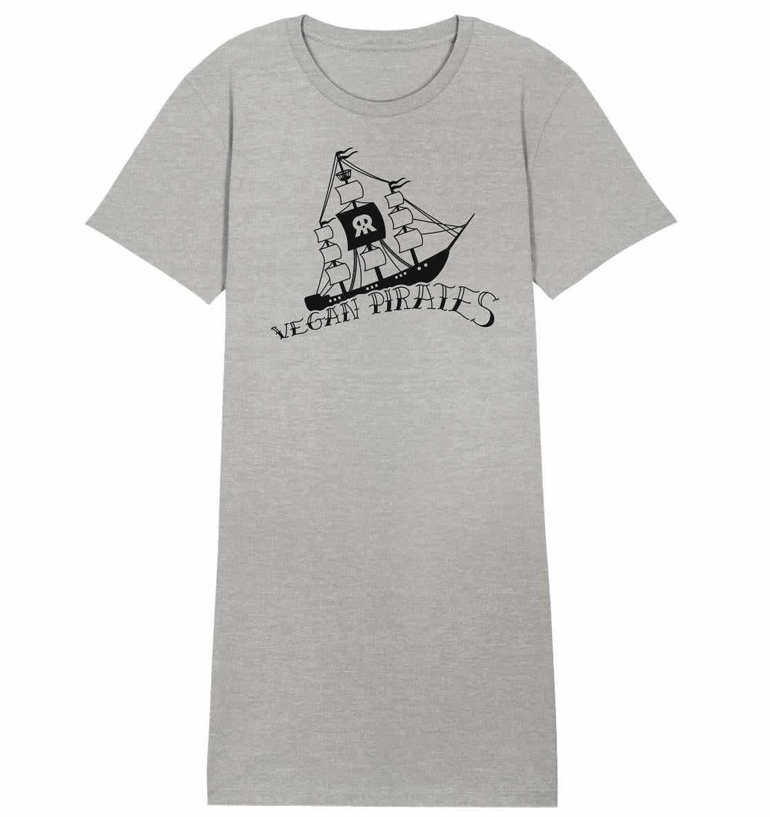 Vegan und Bio Shirt Kleid: Vegan Pirates mit Piratenschiff-Design auf grauem T-Shirt aus Bio-Baumwolle, symbolisiert vegane und umweltfreundliche Überzeugungen.